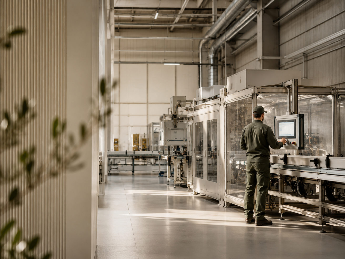 Un homme en uniforme contrôle une machine dans une usine moderne, avec des équipements en métal et un environnement industriel