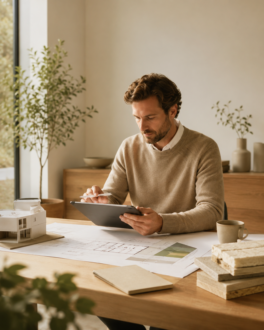Un homme assis à une table en train de consulter une tablette, entouré de plans d'architecture, d'une tasse et de matériaux de construction.