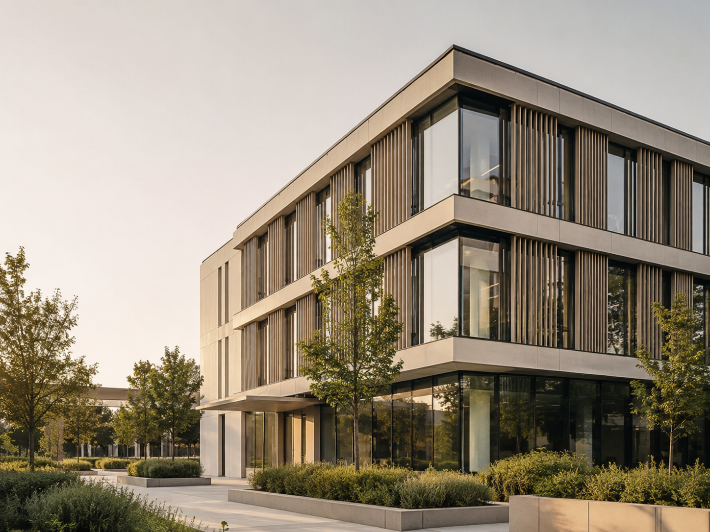 Bâtiment moderne à plusieurs étages avec grandes fenêtres entourées de lattes en bois, situé dans un espace vert avec des arbres et des plantes.