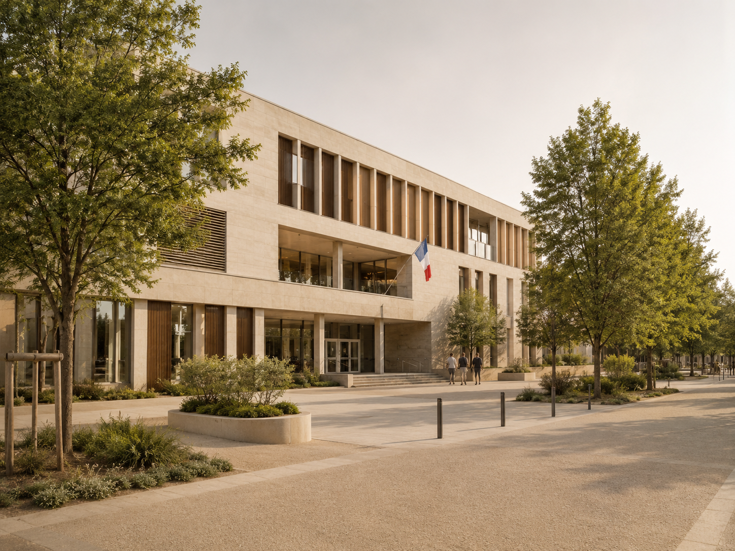 Bâtiment moderne avec des fenêtres rectangulaires, drapeau français accroché à la façade, arbres et plantes en premier plan, quelques personnes marchant devant l'entrée, ambiance en journée avec ciel clair.
