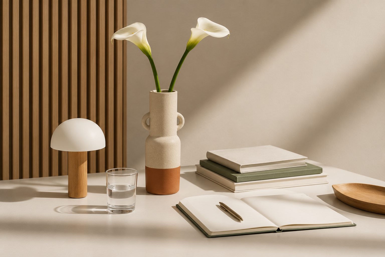 Une table avec une lampe en bois, un verre d'eau, un vase avec deux callas, des livres empilés, un carnet ouvert avec un stylo, et un plateau en bois, dans un décor minimaliste avec un panneau en bois et un mur beige.