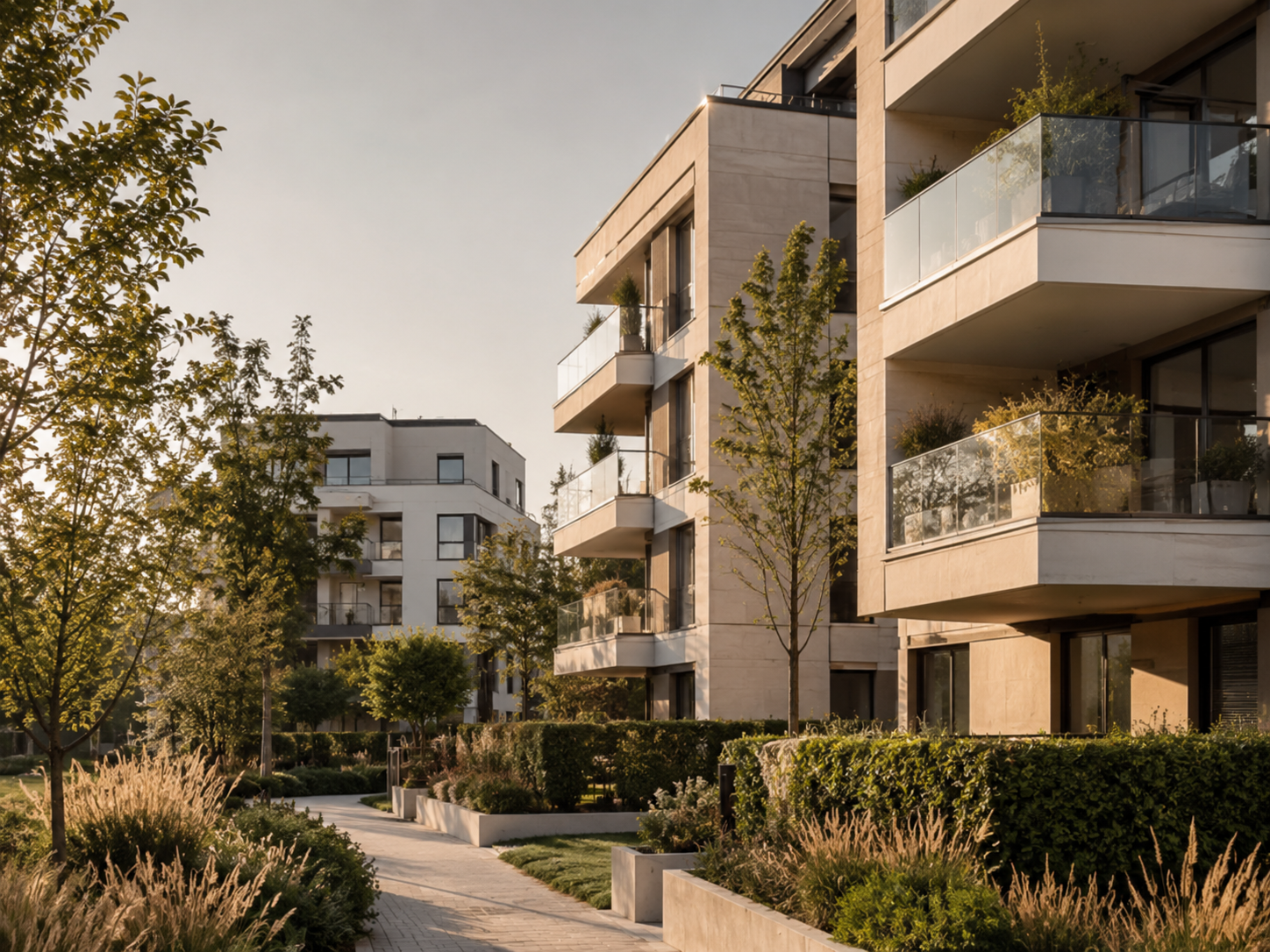Complexe résidentiel moderne avec appartements, balcons en verre, espaces verts et allées piétonnes, au coucher du soleil.