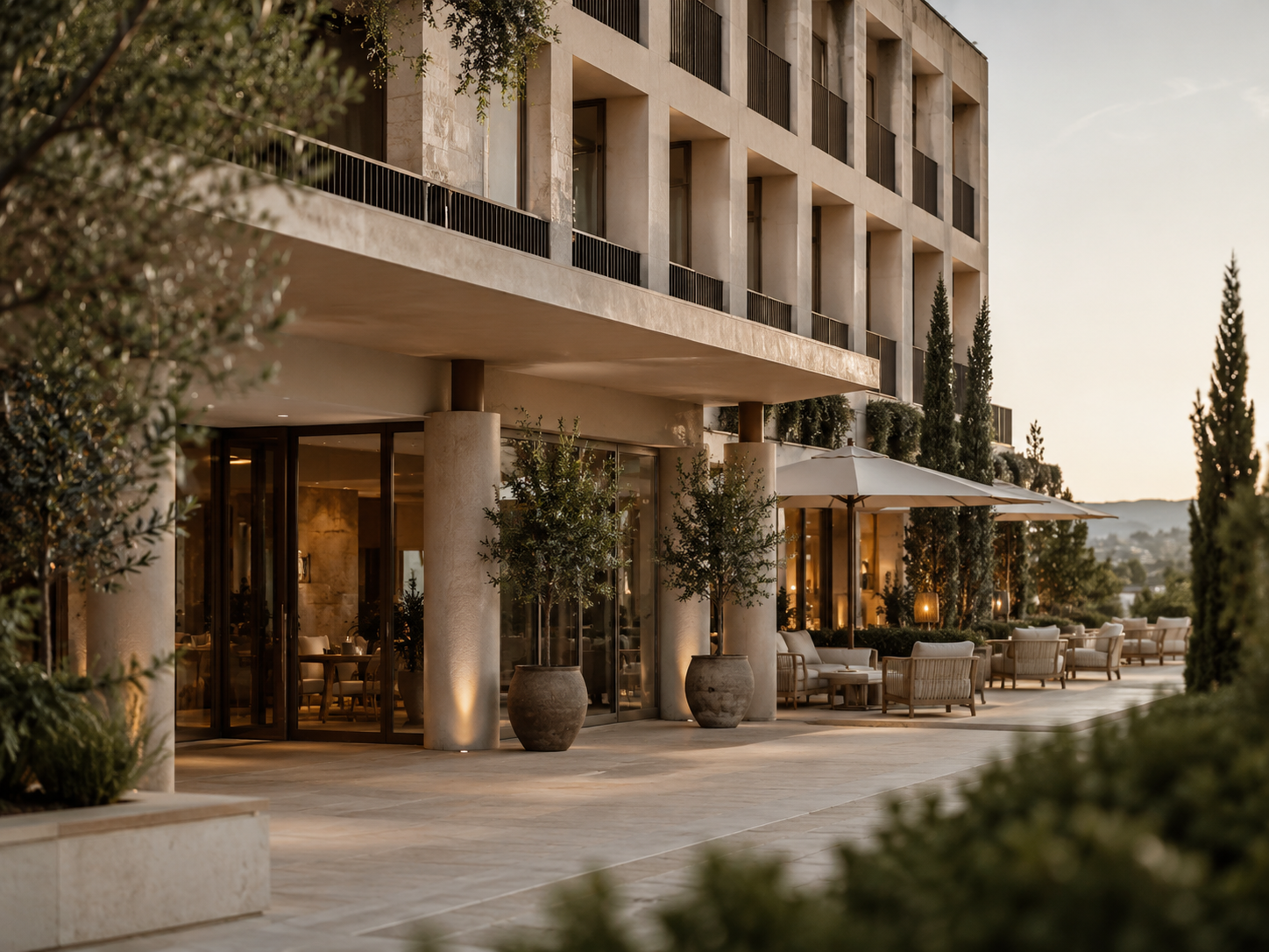 Terrasse extérieure avec des fauteuils, des tables, et des parasols, devant un bâtiment moderne avec des colonnes, entouré de plantes et d'arbres, au coucher du soleil.