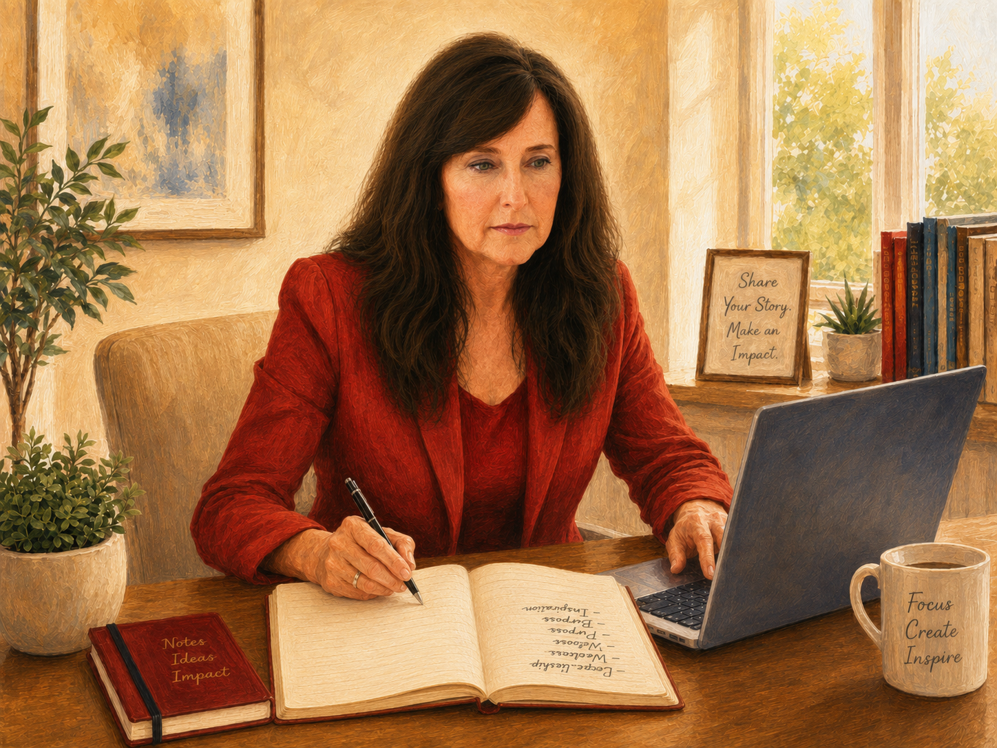 A woman in a red blazer is sitting at a wooden desk, writing in a notebook with a pen, while looking at her laptop. The desk has a book titled 'Notes Ideas Impact,' a coffee mug with the words 'Focus Create Inspire,' a potted plant, and a framed sign that says, 'Share Your Story. Make an Impact.' There is a window behind her with sunlight and greenery outside.