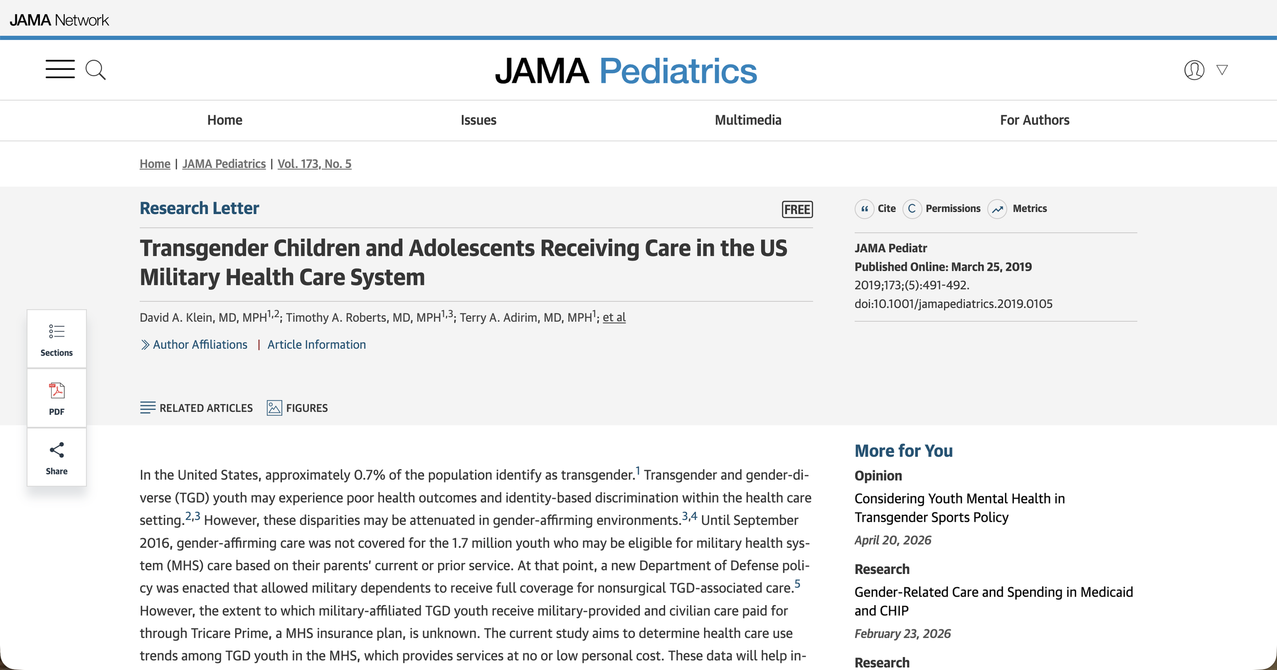 Transgender Children and Adolescents Receiving Care in the US Military Health Care System