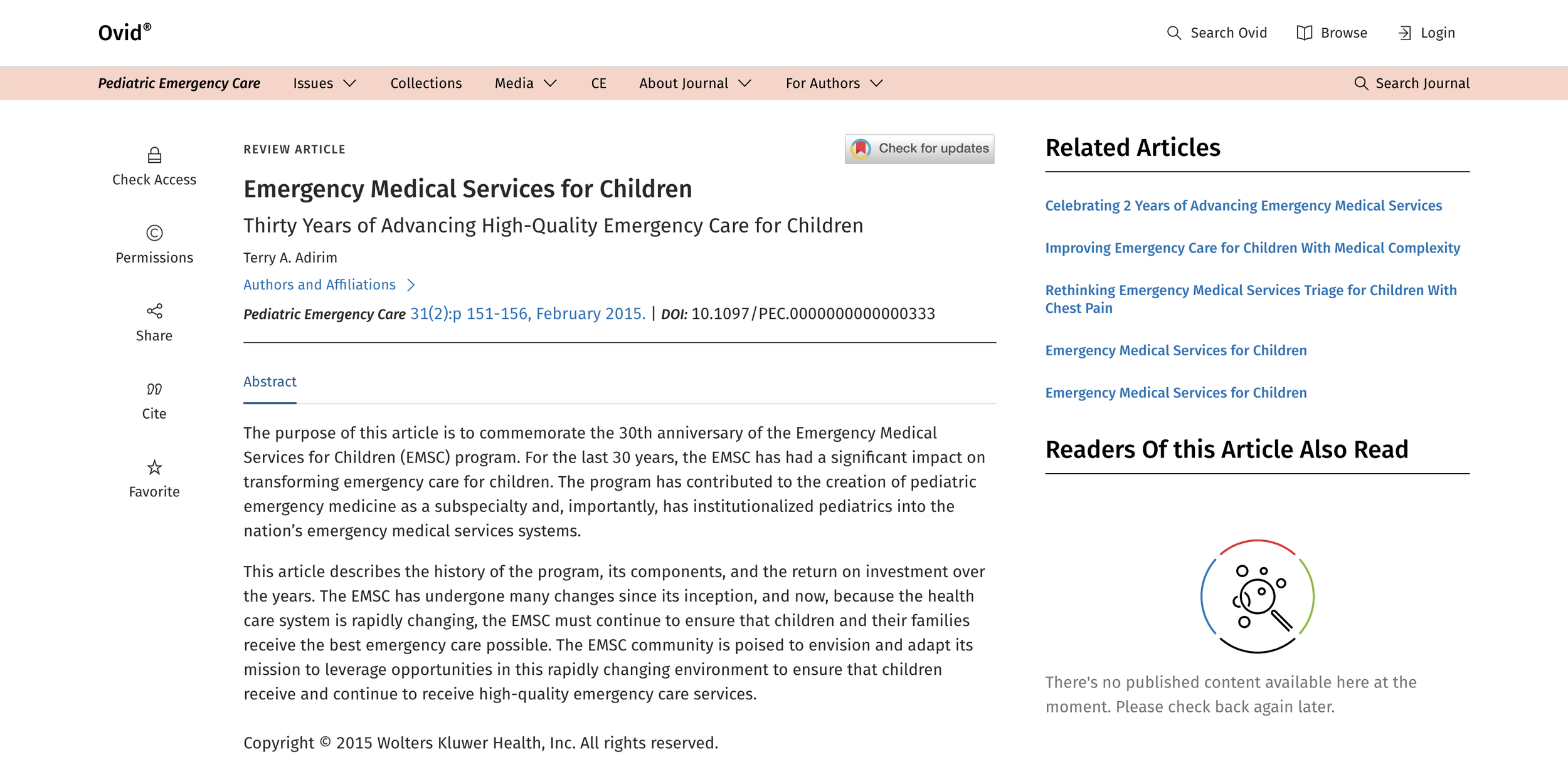 Emergency Medical Services for Children: Thirty Years of Advancing High Quality Emergency Care for Children