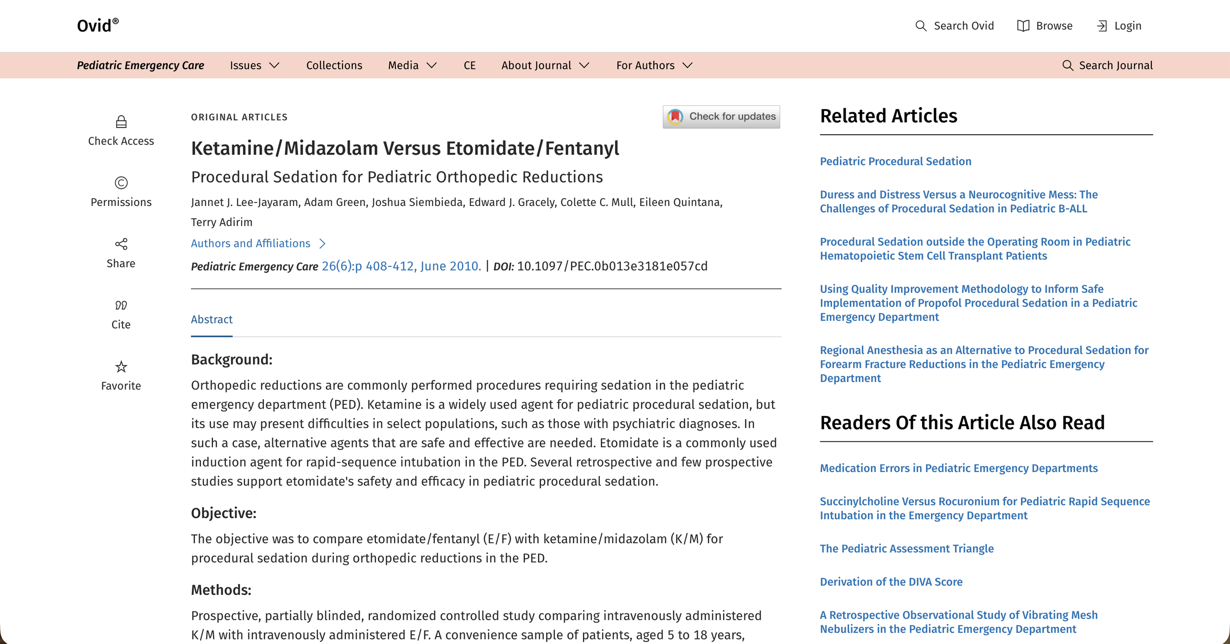 Ketamine/Midazolam Versus Etomidate/Fentanyl: Procedural Sedation for Pediatric Orthopedic Reductions