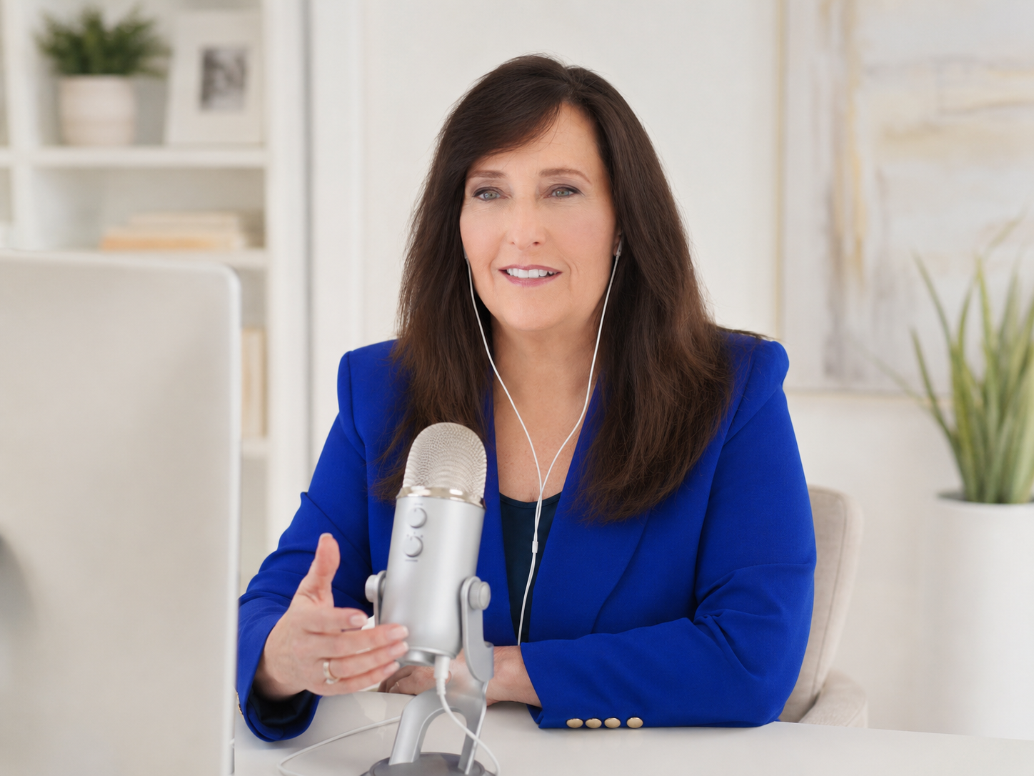 Dr. Terry Adirim in bright blue suit and black shirt speaking into microphone for podcast