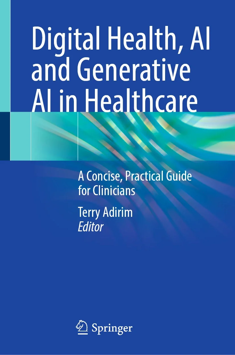 Book cover titled "Digital Health, AI and Generative AI in Healthcare" edited by Terry Adirim, published by Springer.