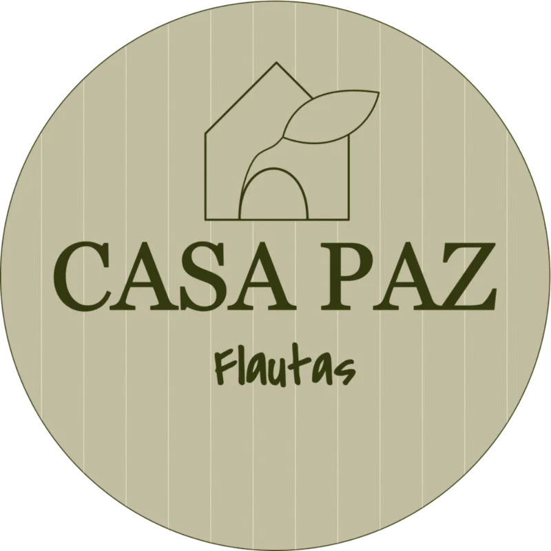 A circular logo with a house and leaf sketch above the text "Casa Paz Flautas" against a beige background with faint vertical lines.