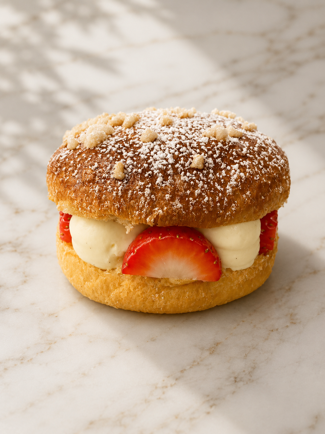 Strawberry shortcake pastry with cream filling and powdered sugar topping on marble surface