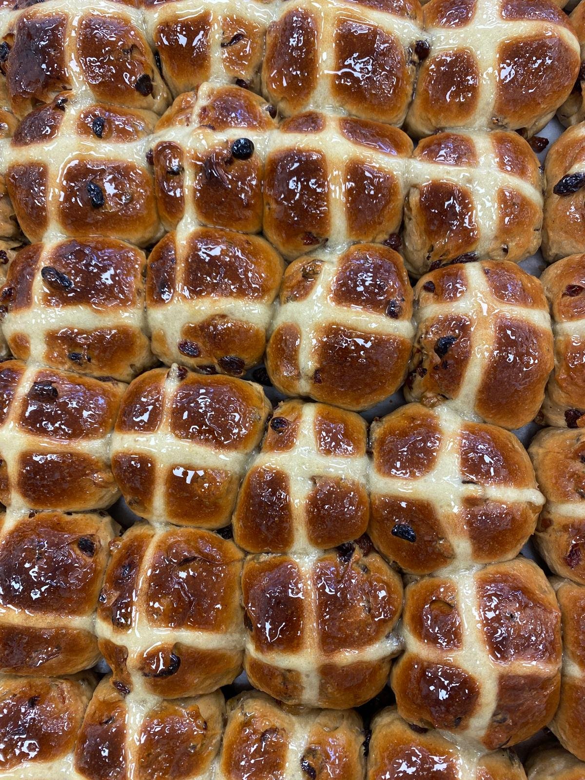 Close-up view of baked dinner rolls with a shiny, glazed top, some with small dark spots of raisins.