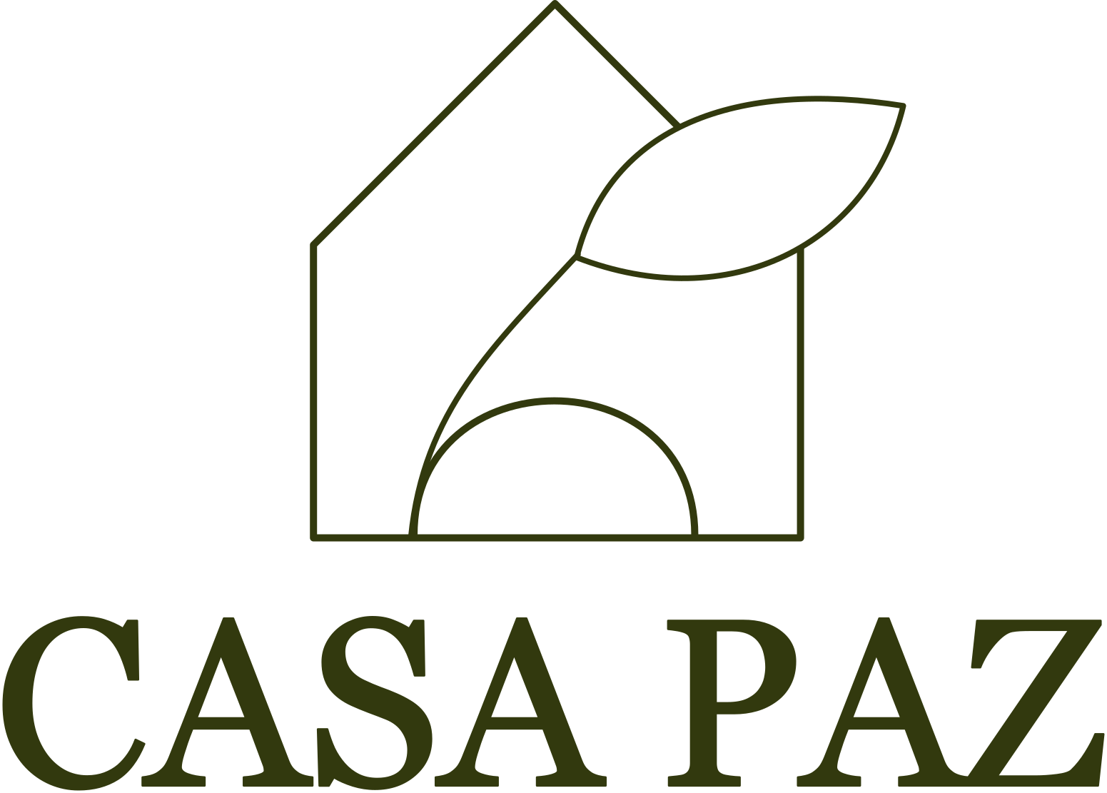 Outline of a house with a leaf on its roof, accompanied by the text 'CASA PAZ' underneath.