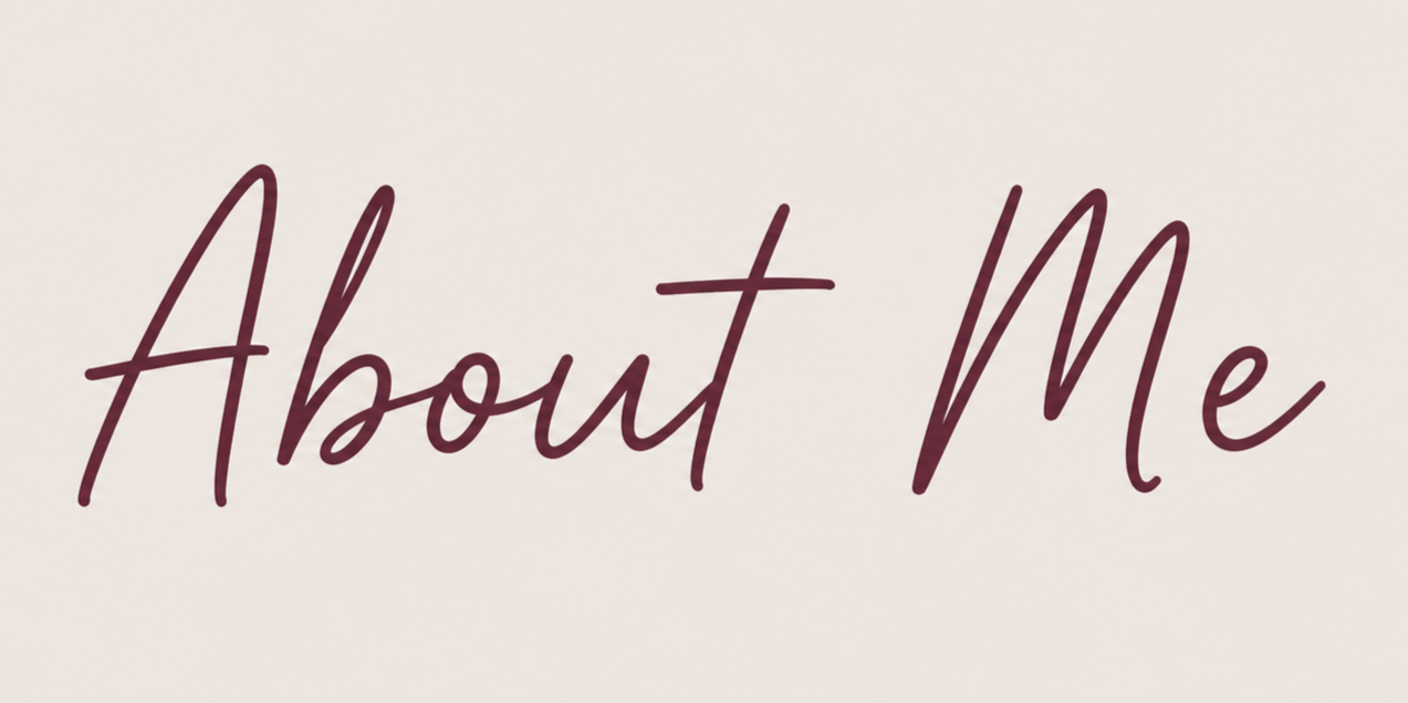 Handwritten text that says 'About Me' in dark purple on a white background.