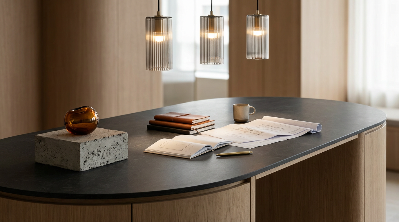 A modern kitchen island with two notebooks, a mug, a pen, and architectural plans on it. A decorative amber glass vase sits on a concrete block. Three pendant lights hang above the island, and natural light streams through windows with curtains in the background.