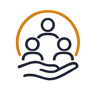 An illustration of a hand holding three people icons inside a circle, representing support or community.