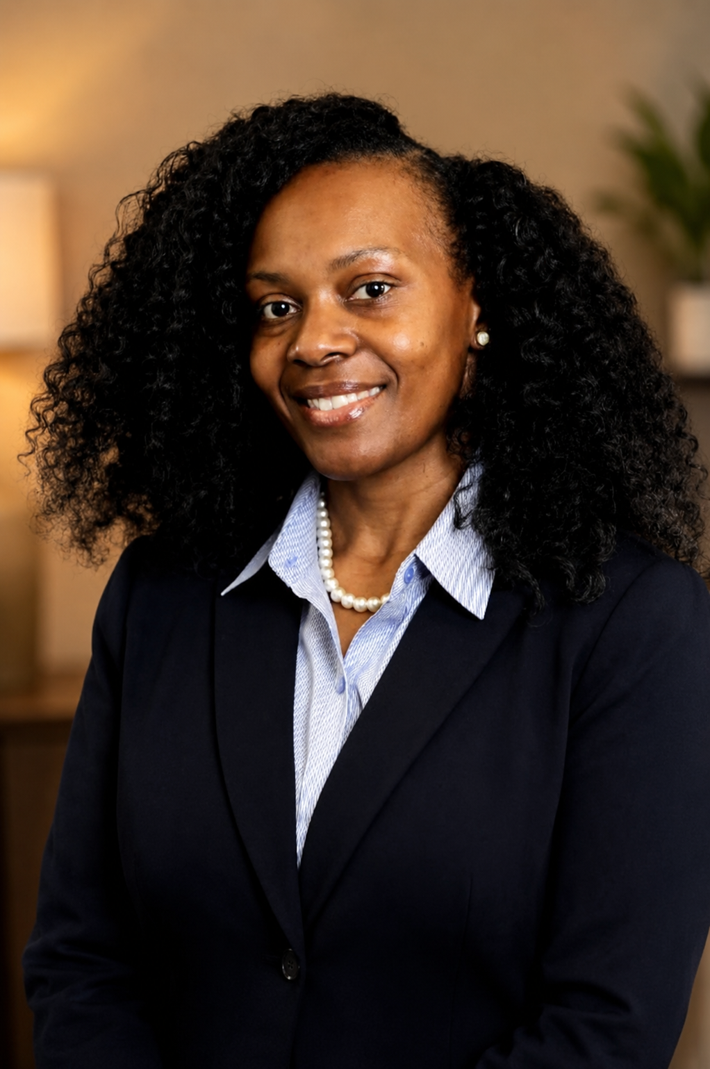 A professional woman with curly black hair, wearing a navy blazer, a light blue shirt, pearl earrings, and a pearl necklace, smiling indoors.