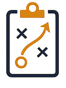 A strategic plan diagram with an orange clipboard, featuring X's, a circle, a path with arrows, and a yellow background.