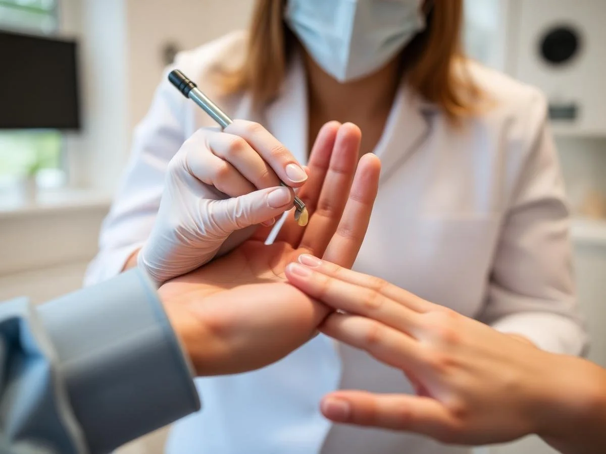 Healthcare professional wearing gloves and face mask administering a vaccine or injection to a person's hand.