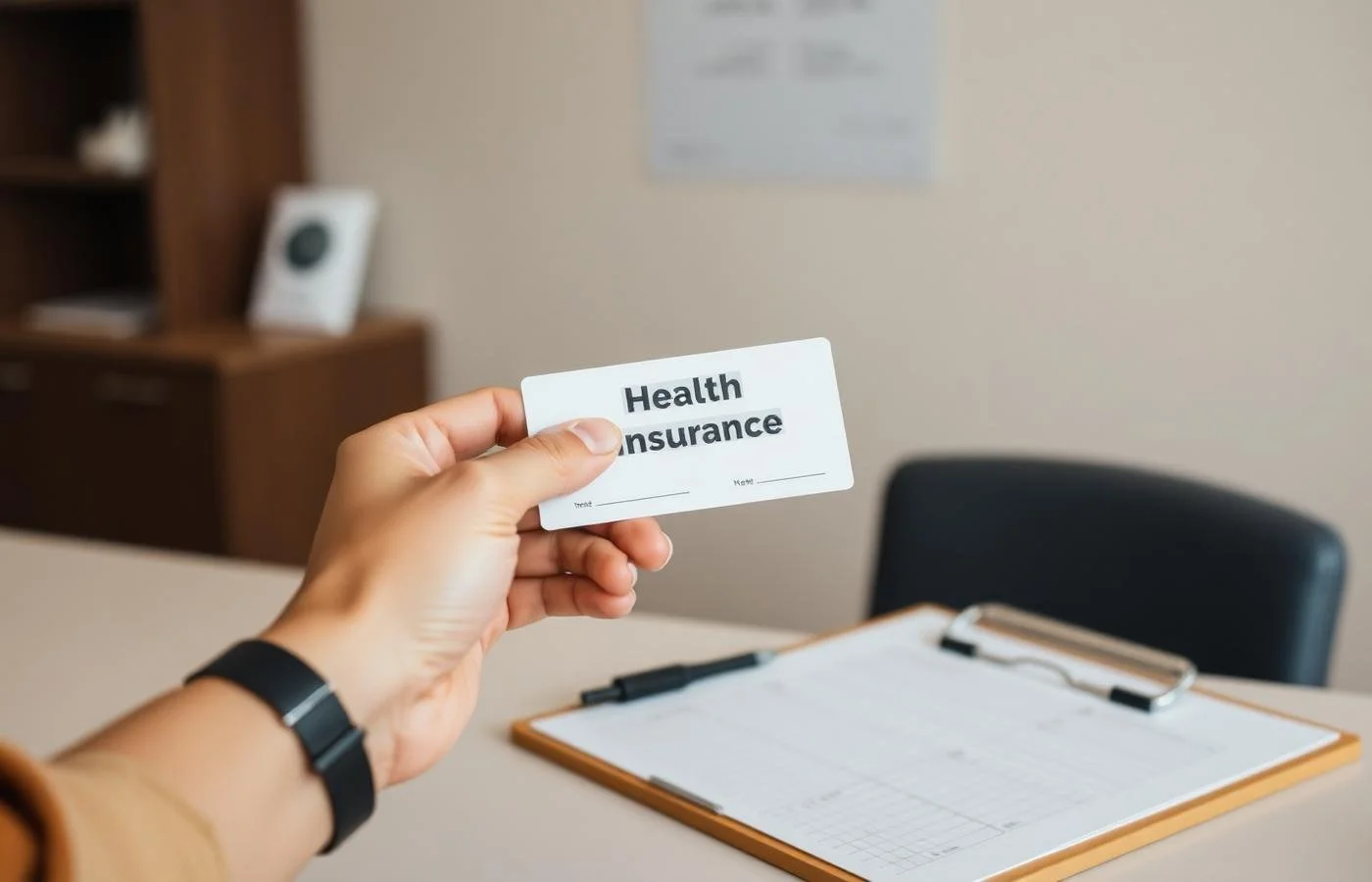 Person holding a health insurance card in an office setting with a clipboard on the desk.