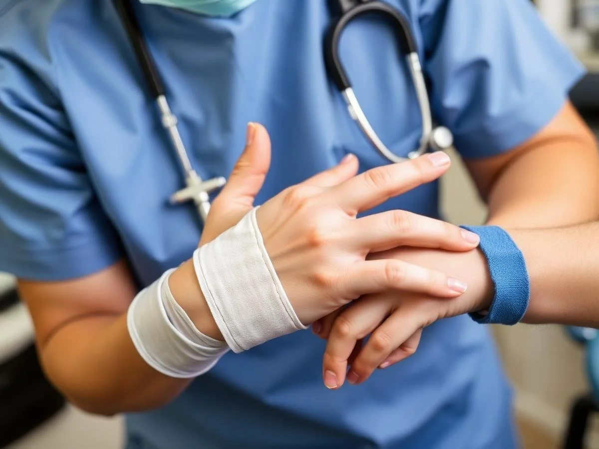 A healthcare professional, wearing blue scrubs and a stethoscope, is checking a patient's wrist, which is wrapped with a medical bandage. The healthcare worker is holding the patient's wrist with one hand and supporting it with the other.