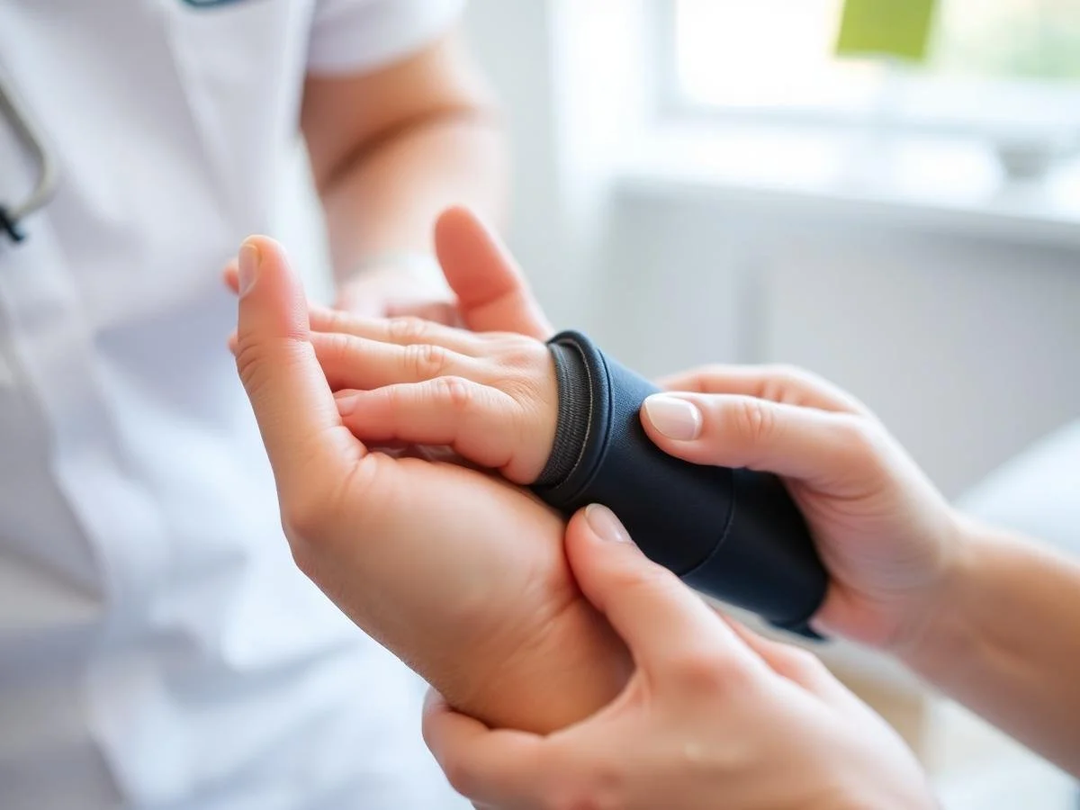 A healthcare professional checks a patient's wrist pulse using a blood pressure cuff.