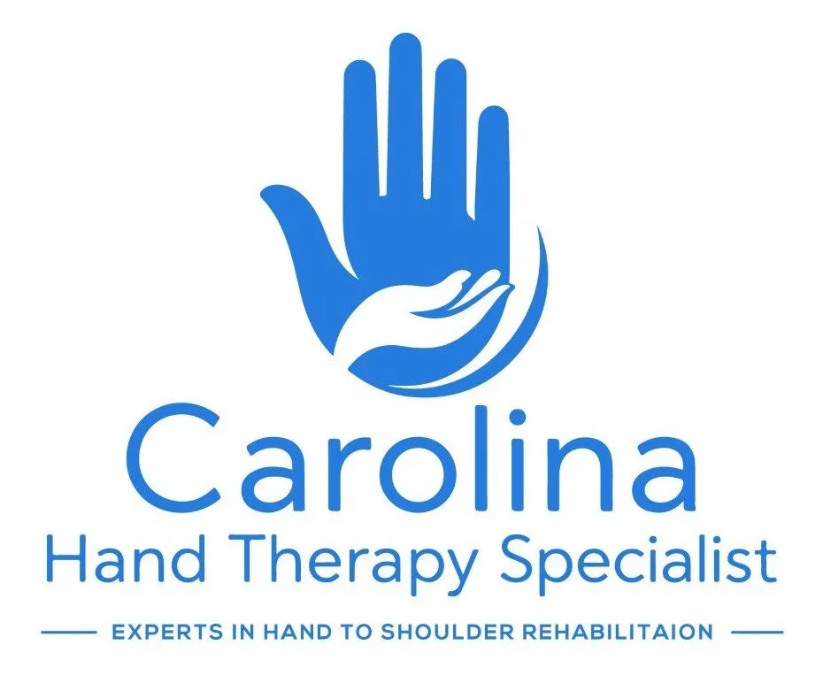 Logo for Carolina Hand Therapy Specialist featuring a blue hand with a smaller hand within it, and the text 'Carolina Hand Therapy Specialist' with the tagline 'Experts in hand to shoulder rehabilitation'.