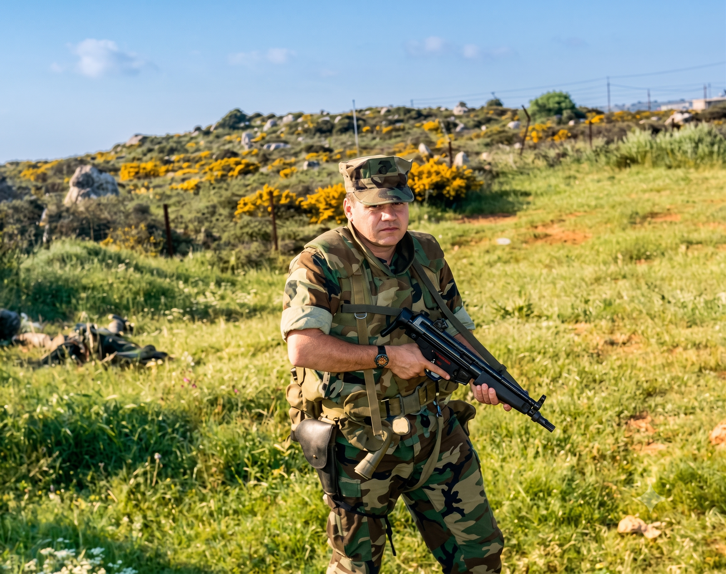 A man in camouflage military uniform holding a semi-automatic rifle outdoors in a grassy field with yellow flowers, green hills, and a blue sky in the background.