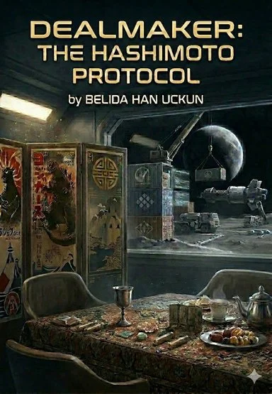 Book titled 'DEALMAKER: THE HASHIMOTO PROTOCOL' by Belida Han Uckun, with a space-themed room showing artwork, a table with a tablecloth, goblet, and food, and a painting of a moon in the background.