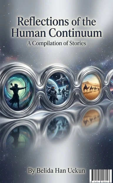 Book cover titled 'Reflections of the Human Continuum' with images of a dancer, astronaut, travelers, and camels in circular frames against a space background.