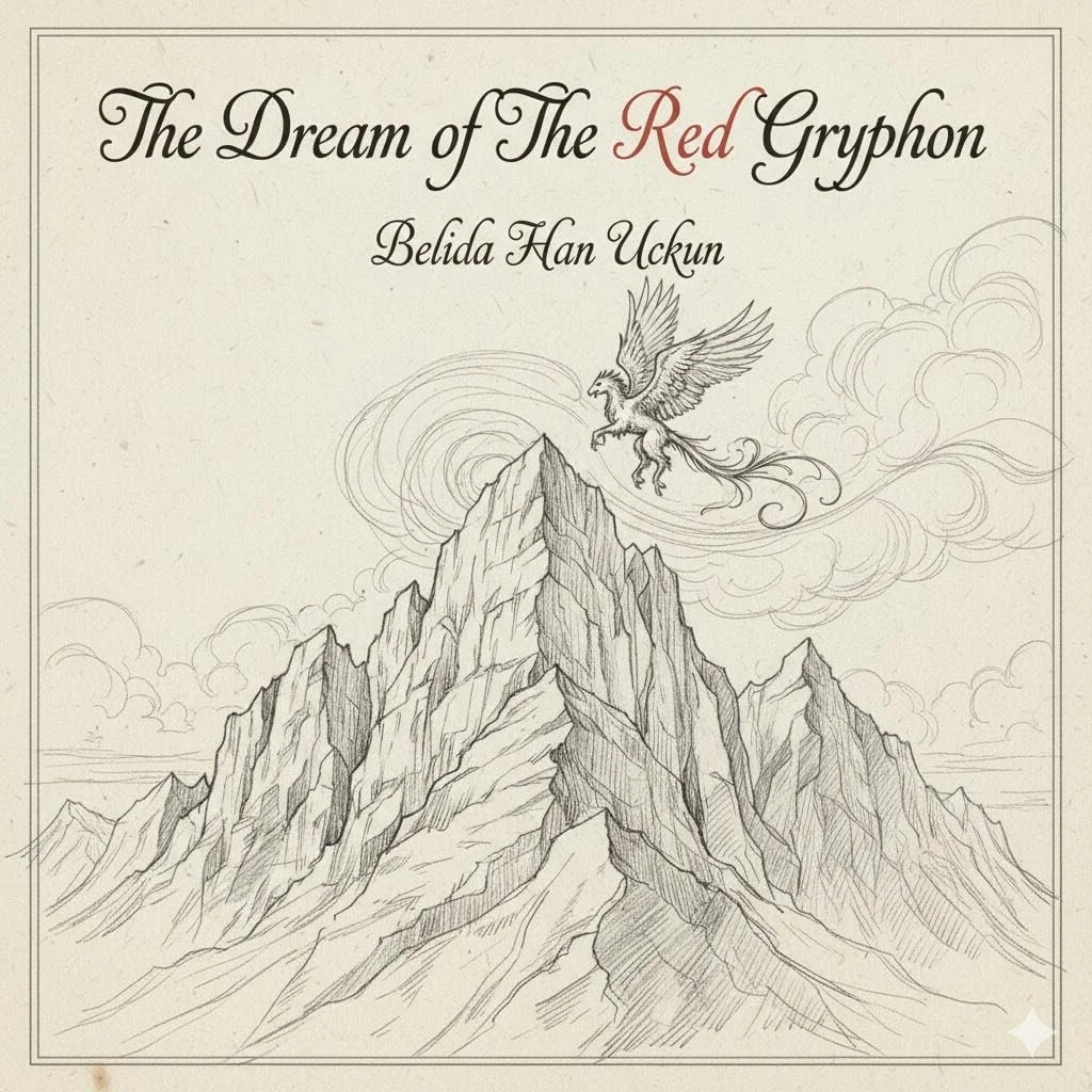 Book cover titled 'The Dream of The Red Gryphon' by Belida Han Uckun, featuring a sketch of a mountain with a gryphon flying above, surrounded by swirling clouds.