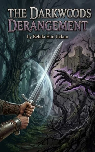 Book cover titled "The Darkwoods Derangement" by Belida Han Uckun. The illustration shows a person holding a sword with a glowing blade, facing a dark, twisted forest with a haunted castle in the background. A ghostly hand reaches from the trees.