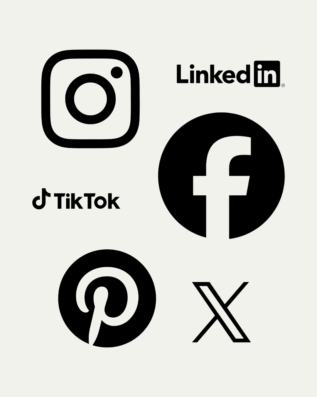 Black and white icons of social media platforms: Instagram, LinkedIn, TikTok, Facebook, Pinterest, and X (formerly Twitter).