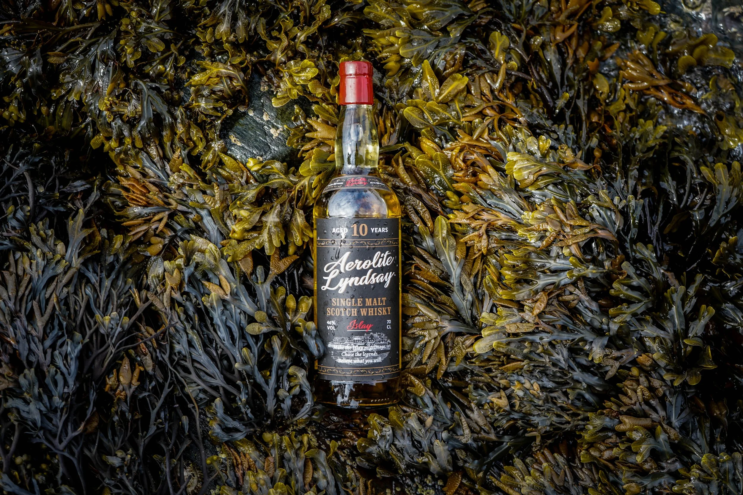 A bottle of 10-year-old single malt Scotch whisky partially submerged in a bed of seaweed.