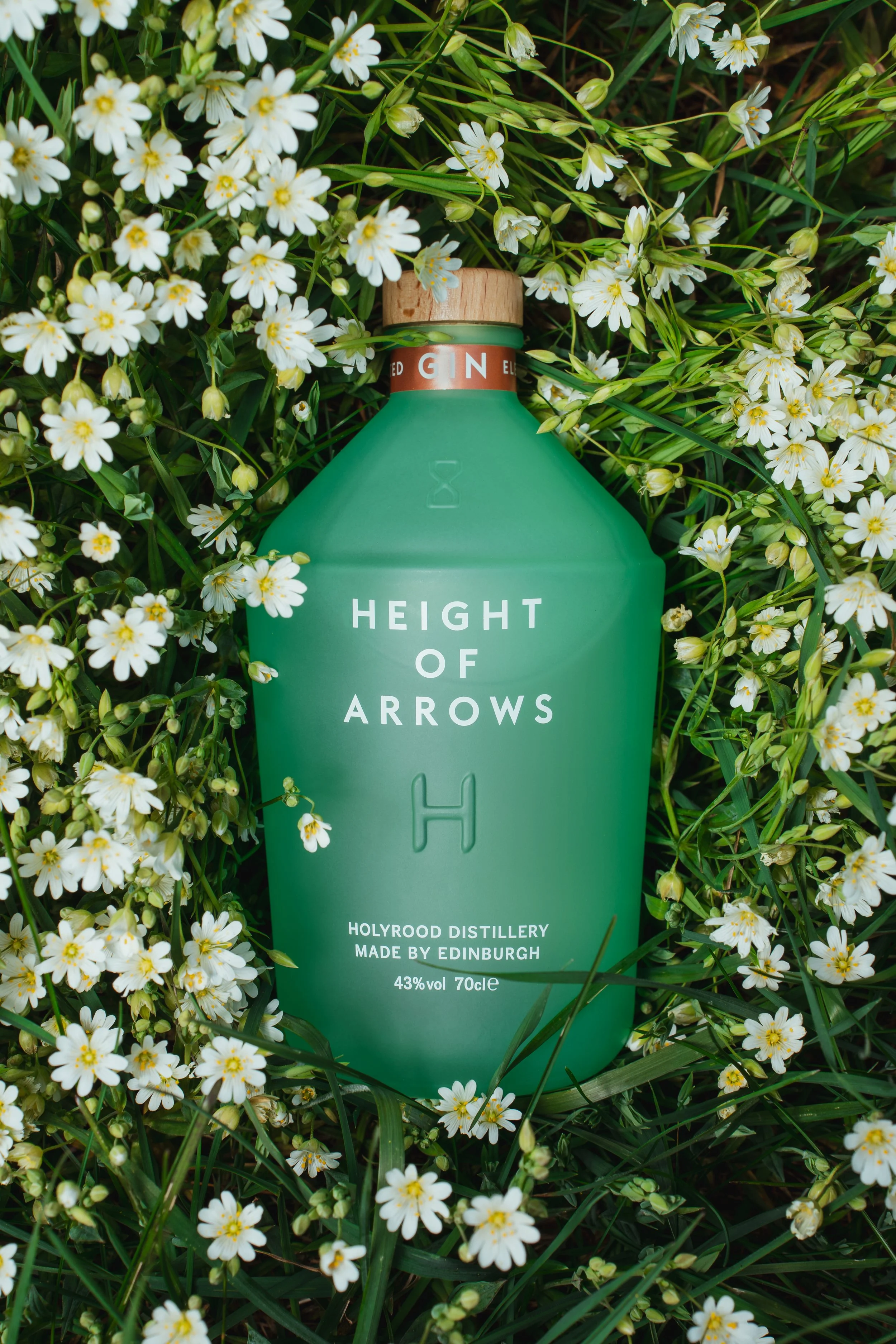 A green bottle of Holyrood Distillery 'Height of Arrows' whisky surrounded by white wildflowers with yellow centers, green leaves, and grass.