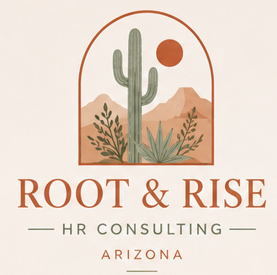 Logo for 'Root & Rise HR Consulting Arizona', featuring a cactus, mountains, a sun, and desert plants.