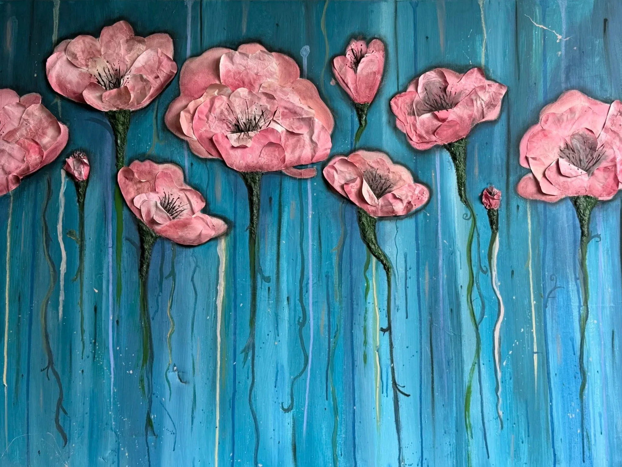 Floating Poppies,  an original oil painting by Danielle Masters based. Pink poppy flowers on a blue background with green and blue streaks.
