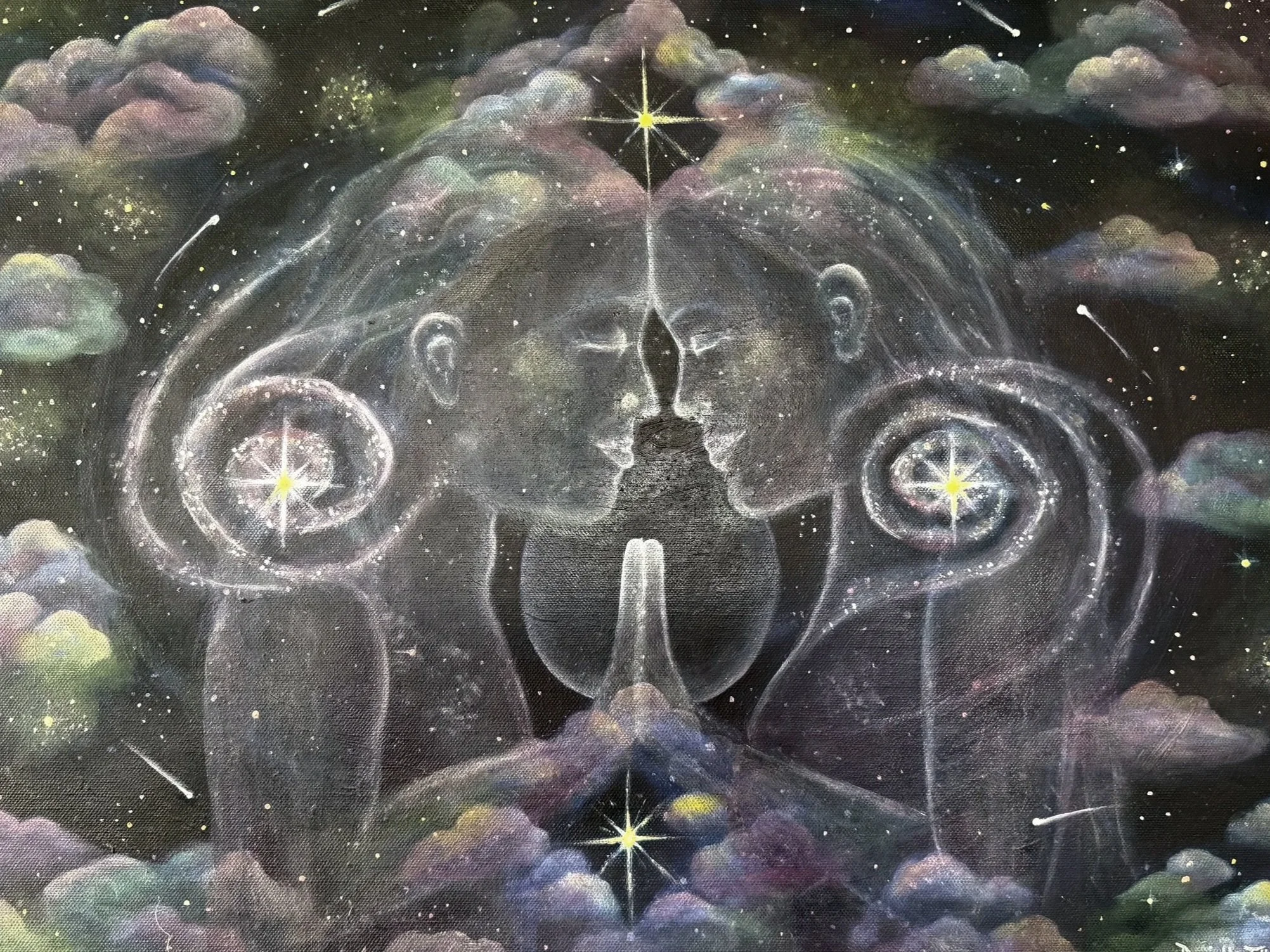 Star bound lovers,  an original oil painting by Danielle Masters based. A cosmic scene with clouds, stars, and swirling patterns, featuring nebulae and celestial bodies in a space setting.