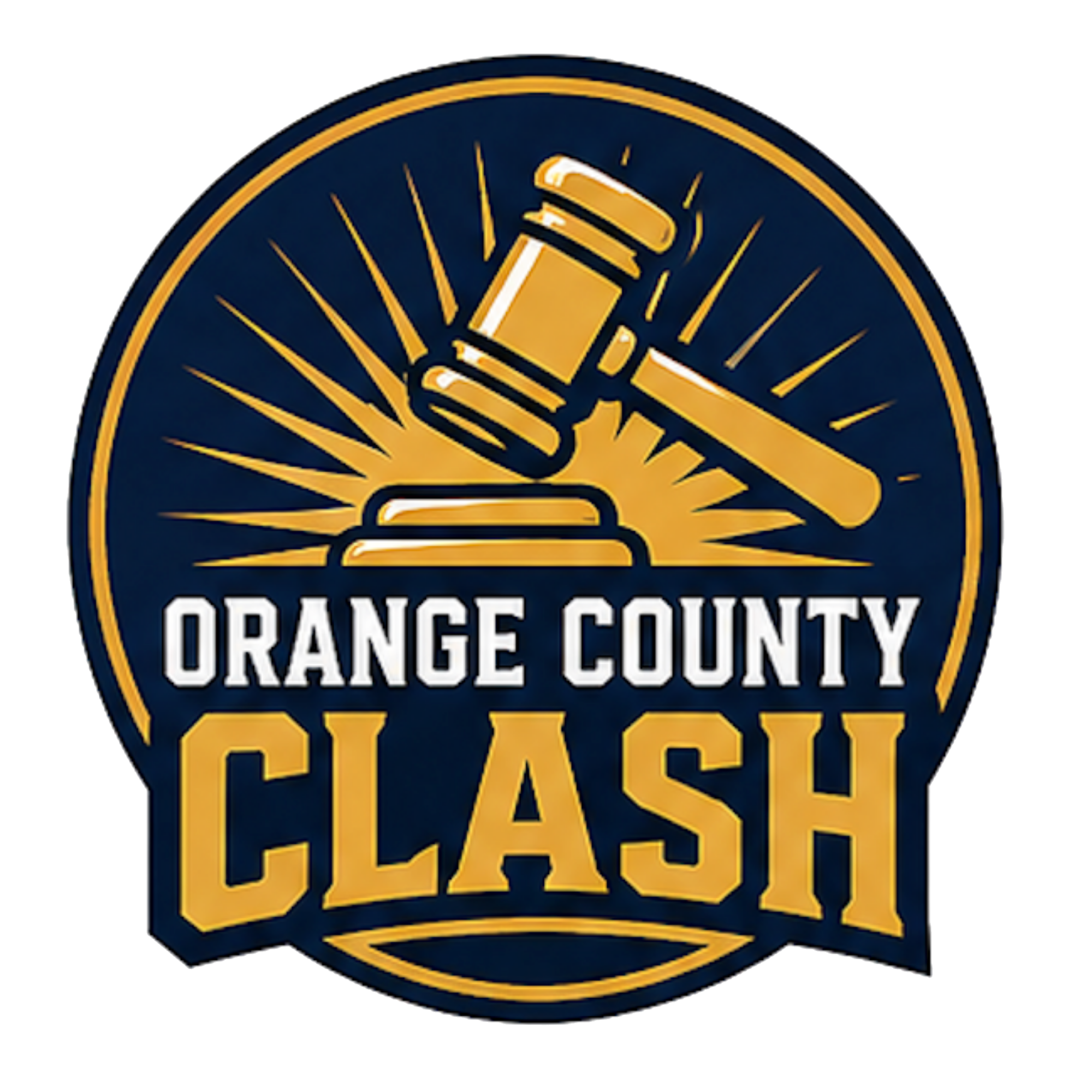 Logo for Orange County Clash, a high school mock trial tournament to be hosted at UC Irvine Student Center. The SoCal Mock Trial League hosts high school mock trial tournaments across Southern California.