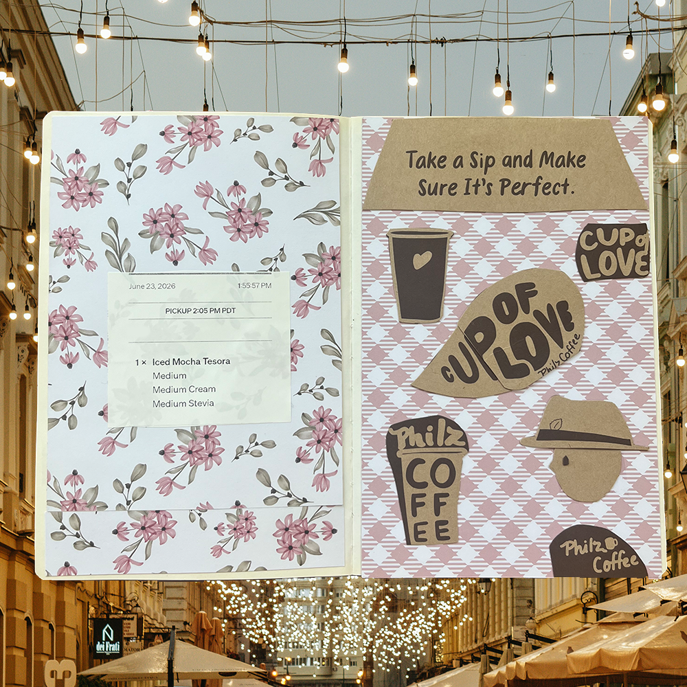 an open journal with a receipt on the left on top of a flower pattern paper and cut outs from a delivery box  glued on pink and white paper on the right side of the journal