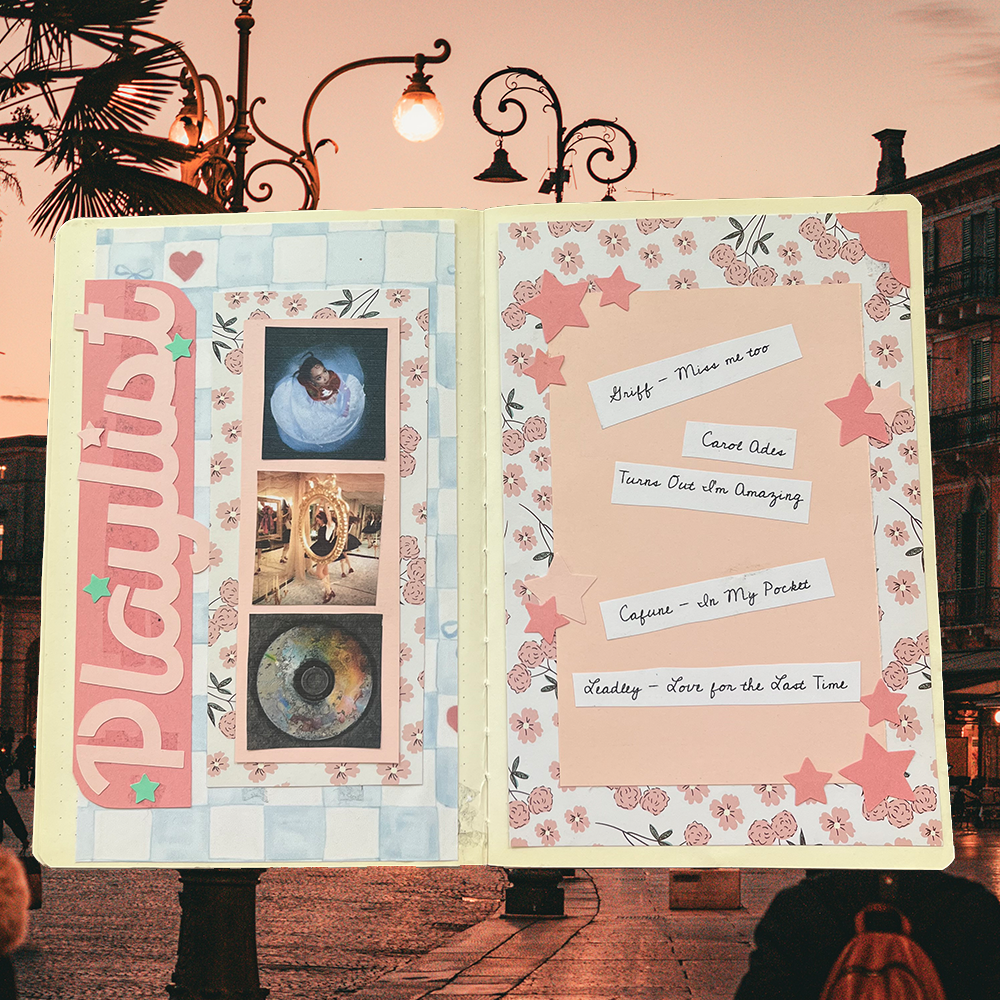 an open journal with images of album covers and text that says "playlist" on the left page and a list of songs on the right page