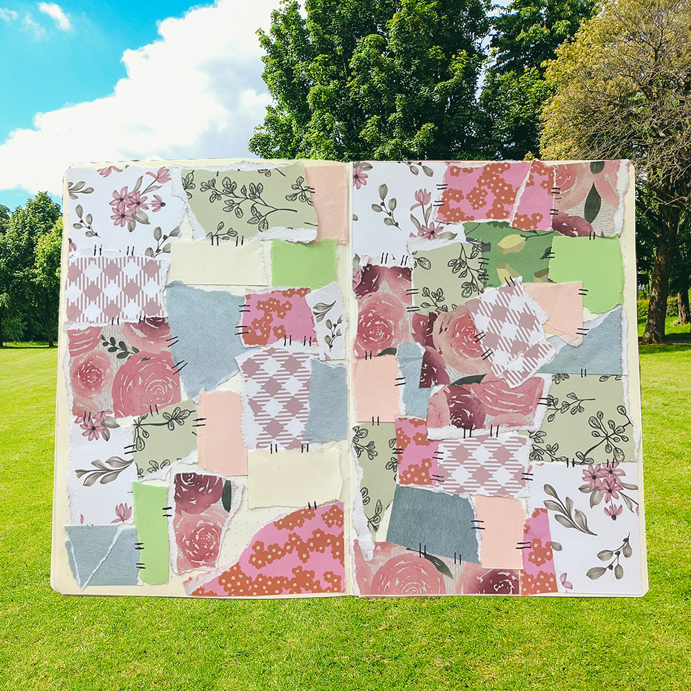 an open journal with scraps of paper covering both pages