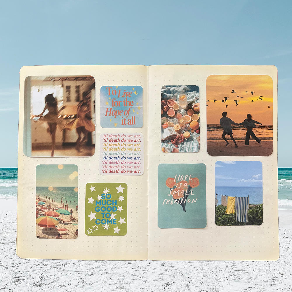 an open journal with cut out pictures of quotes and summer activities on both pages