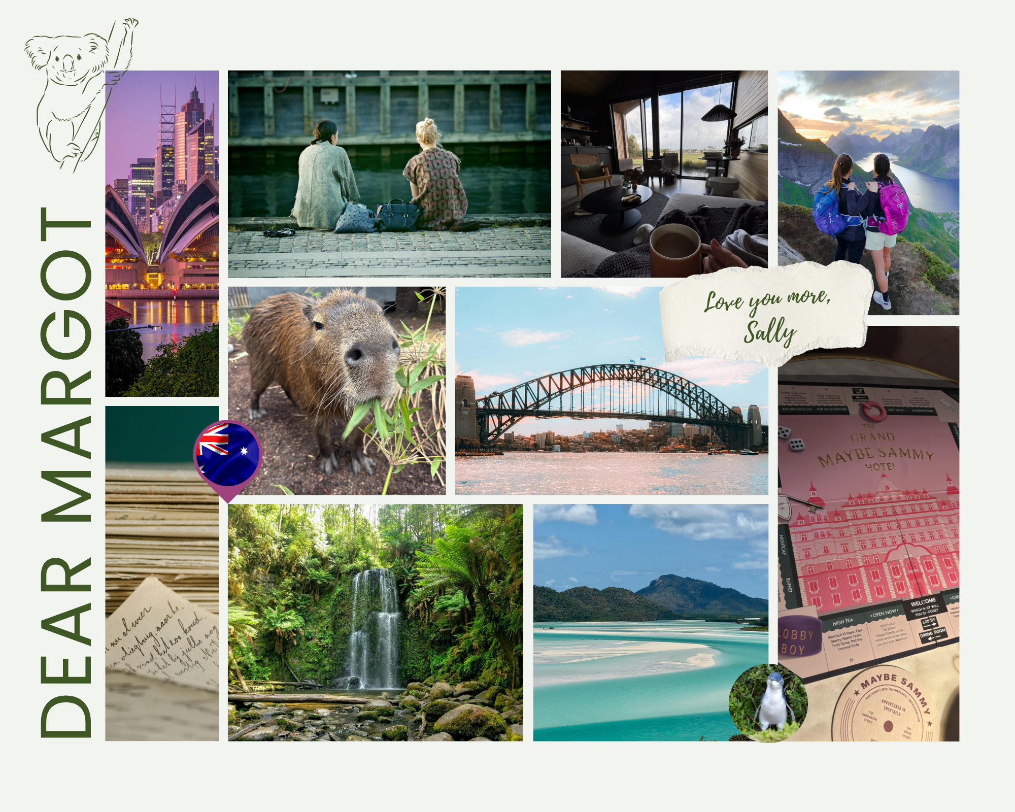A collage of various scenes from Australia, including city skylines, a river, exploring nature with hikers, a waterfall in a lush forest, and wildlife like a wombat and penguin, accompanied by handwritten notes and traveling memorabilia.
