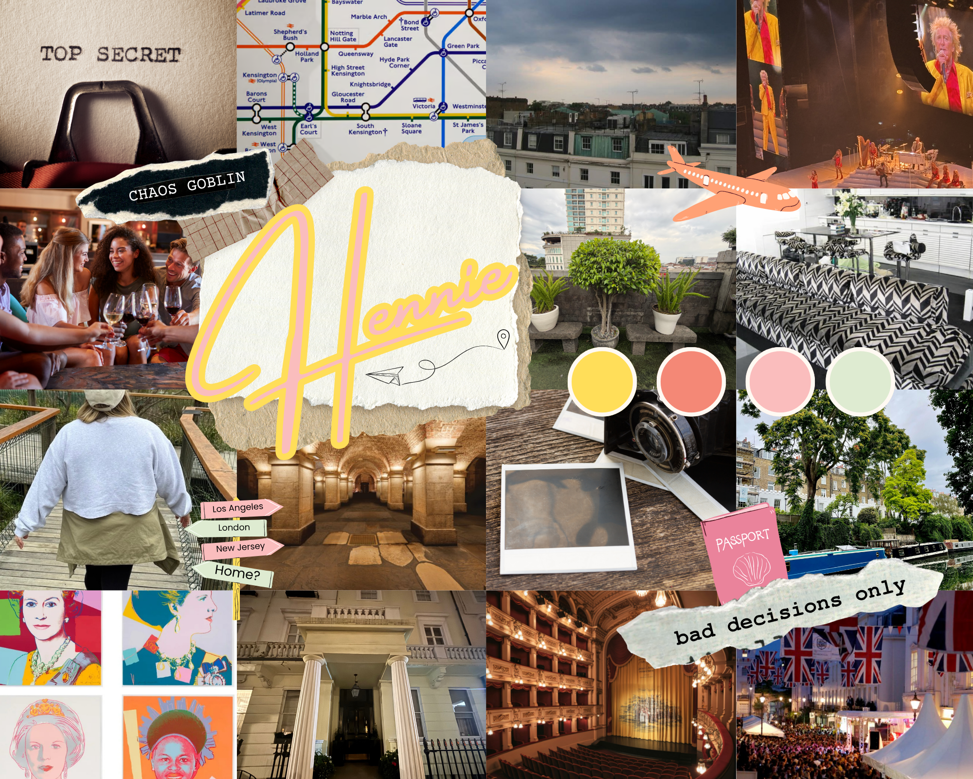 A collage of various images including a 'TOP SECRET' wall with a briefcase, a London Underground map, a rooftop cityscape with a cloudy sky, a concert stage with performers, a group of people at a bar enjoying drinks, a woman with curly hair in a par