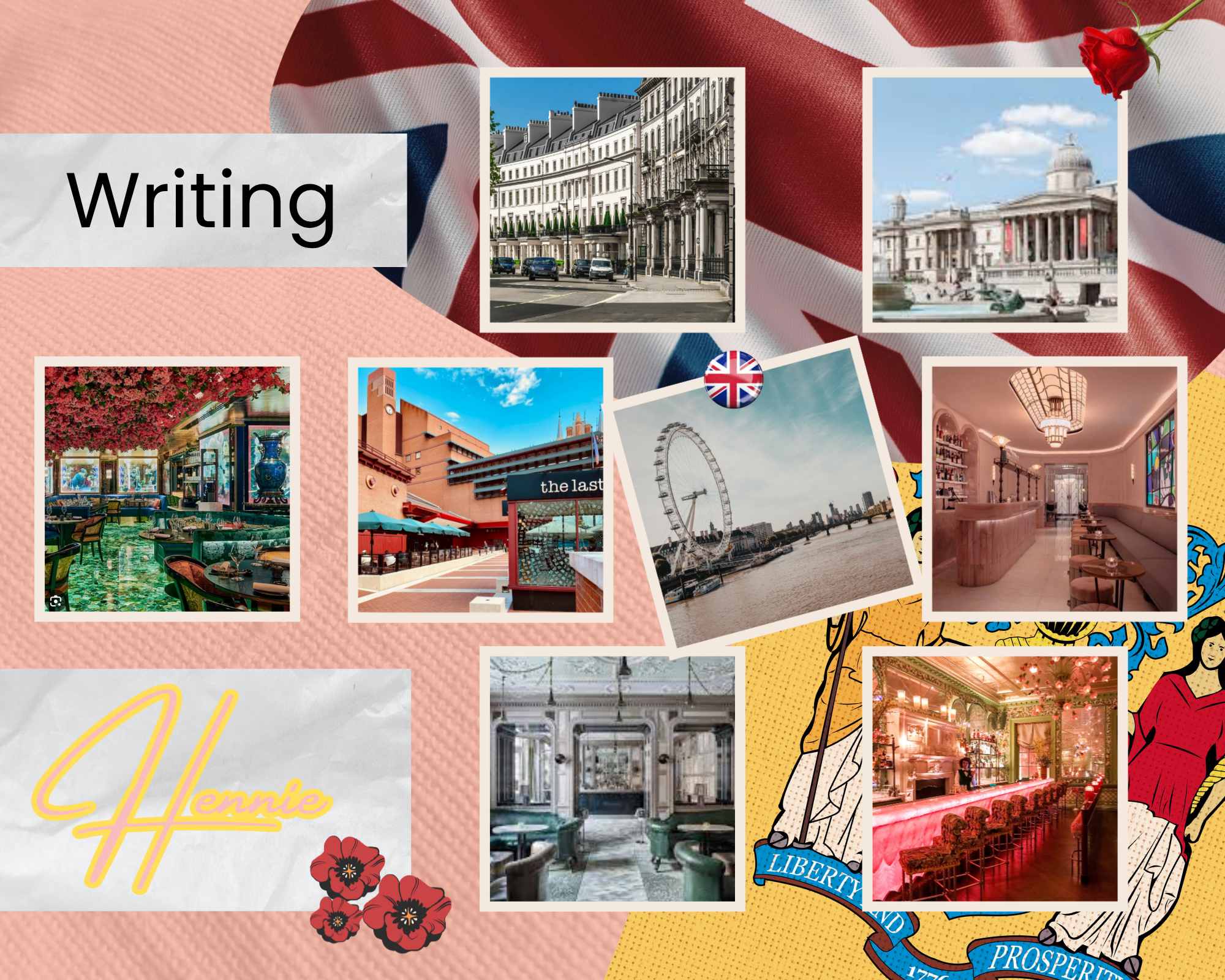 A collage or scrapbook page with various images of buildings, cityscapes, and interior spaces of cafes or restaurants, set against a background with a British flag theme. The text 'Writing' is prominently displayed, and there are decorative elements 