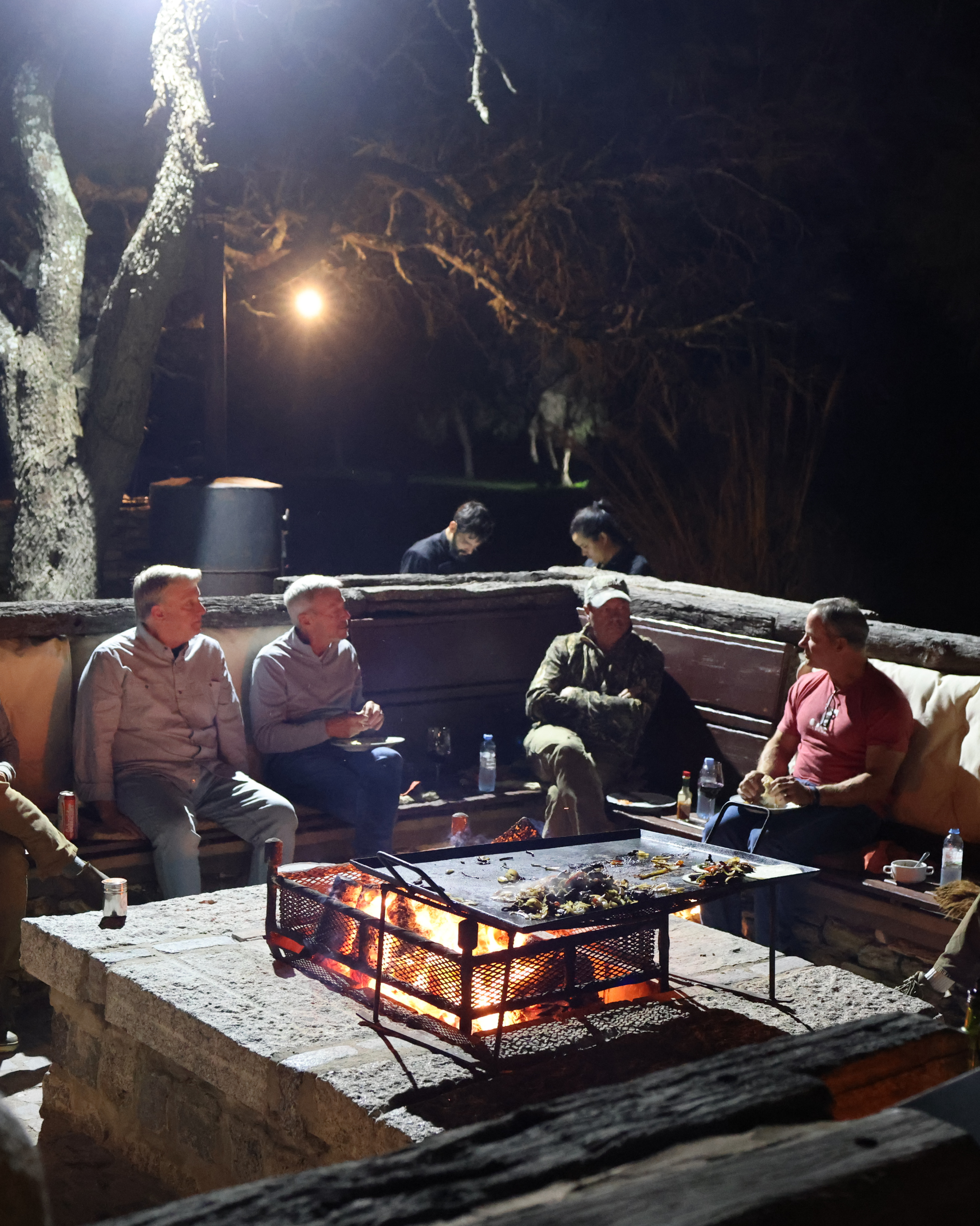 Nighttime outdoor gathering around a fire pit with a grill, with several people seated on a wooden bench, trees, and a bright moon in the background.