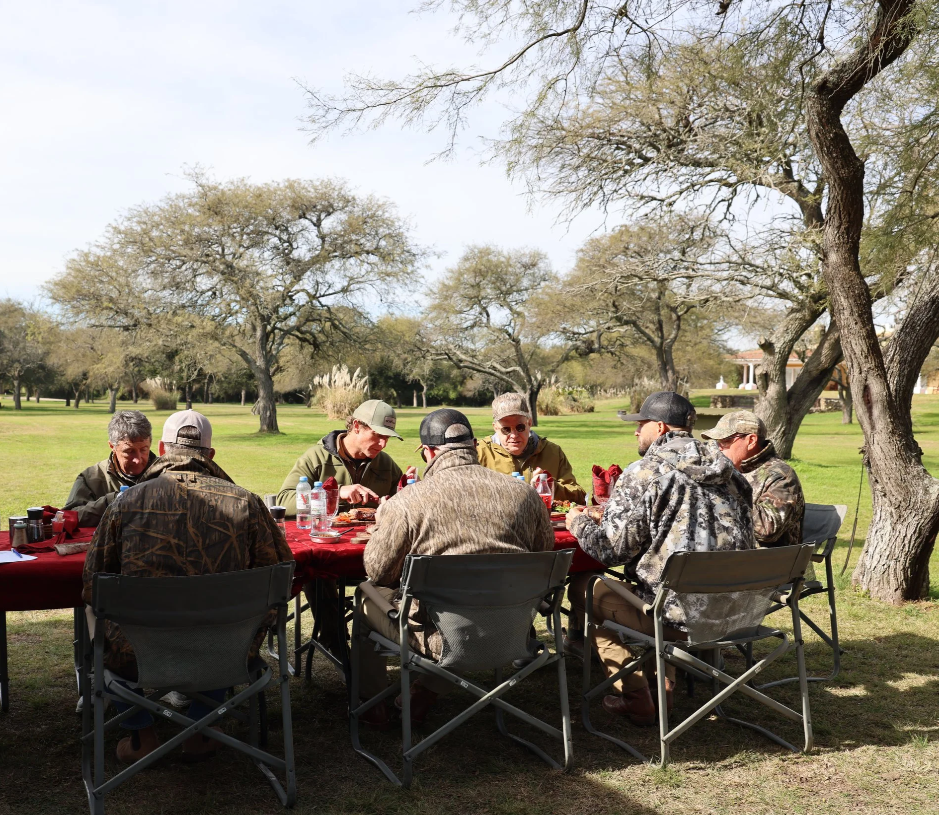Group of people sitting at a table outdoors having a meal under trees with sparse leaves, with a building visible in the background.