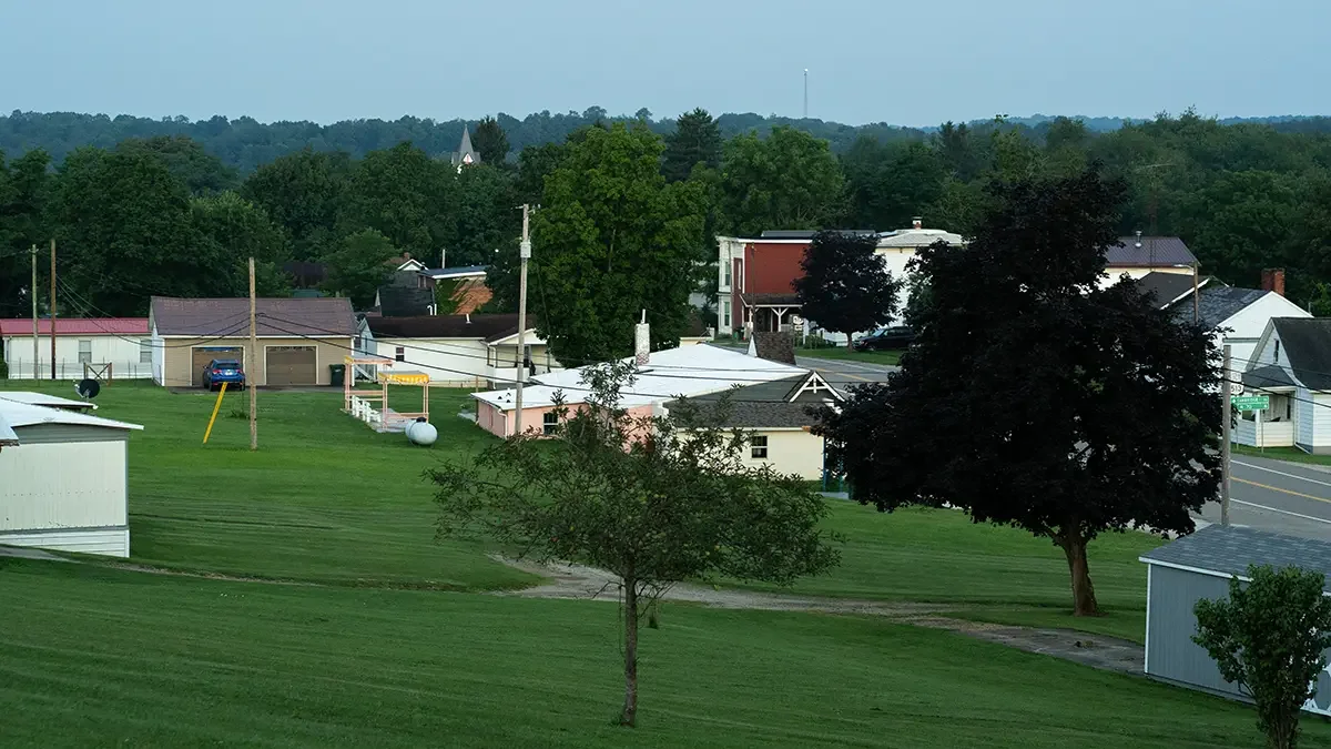 Our town of Antrim, landscaped with green grass, trees, houses, and utility poles, under a cloudy sky with The Station in the center of the frame.