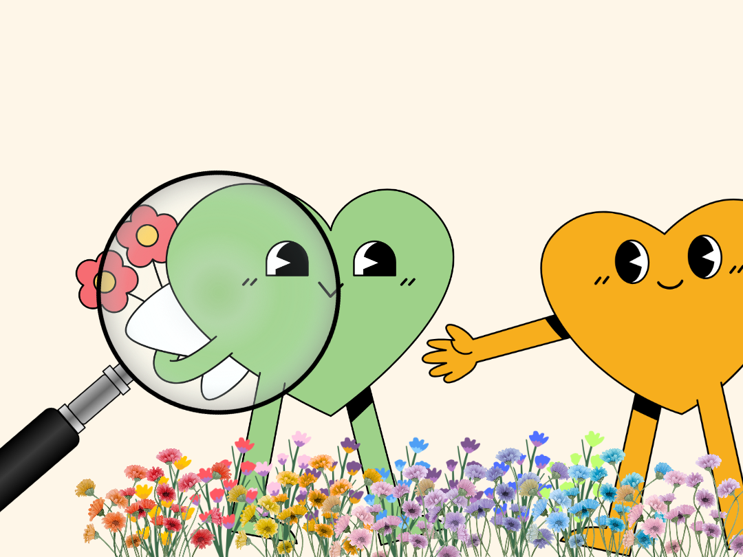 Deux cœurs anthropomorphes, un vert et un orange, souriants, entourés de fleurs colorées, avec le cœur orange tendant la main vers le cœur vert, qui regarde à travers une loupe.